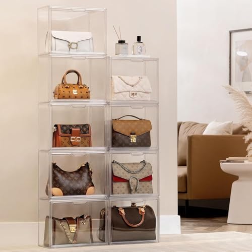 HBlife Purse Storage Organizer for Closet, Clear Stackable Handbag Display Case Box with Magnetic Door for Collectibles, Cosmetics, Women Heels and Toys, Large, 5 Pack - Image 6