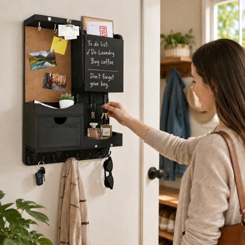 Key Holder Wall Mount with Drawer and Mail Organizer, Black - Image 3