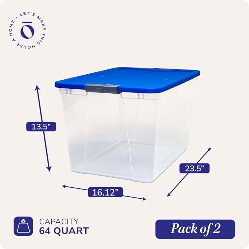 HOMZ Clear Plastic Storage Bin with Secure Latching Blue Lid, 64 Qt, 2 Pack - Image 4