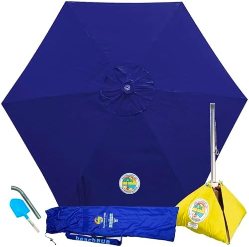 BEACHBUB ALL-IN-ONE BEACH UMBRELLA SYSTEM. Includes ULTRA Base (compliant with the ASTM F3681-24 Beach Umbrella Safety Standard). (Deep Ocean Blue) by beachBUB