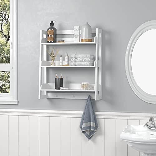 UTEX Bathroom Wall Shelf, 3-Tier Wall-Mounted Organizer with Hooks, White - Image 2