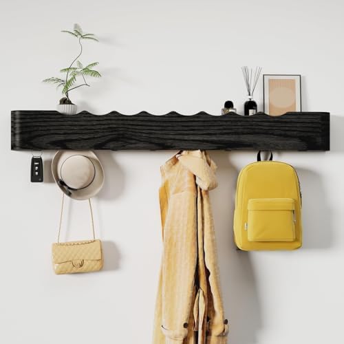 Coat Rack Wall Mount with Shelf 8 Hidden Hooks Modern Wooden Key Holder Entryway Organizer for Hallway Bedroom Bathroom Home Decor Storage for Hanging Coats Hats Bags Towels, Wave-Shape Black by Jadoxy
