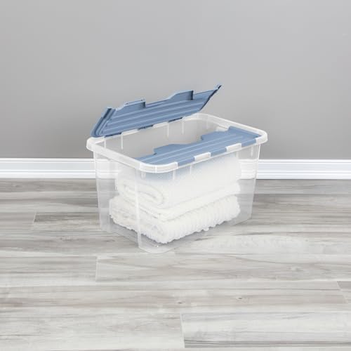 Sterilite 18 Pack Hinged Lid Storage Box, 60 Qt Plastic Container, Washed Blue - Home Organizer Tote for Storing Shoes, Crafts, Clothing, or Decor - Image 4