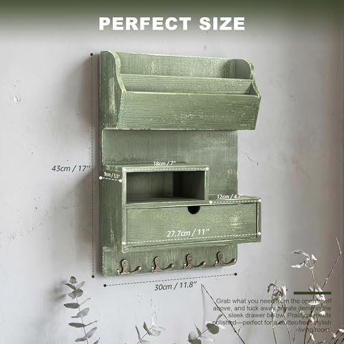 Rebee Vision Pine Wood Key Holder Wall Mount with Drawer & Mail Slot, Green - Image 2