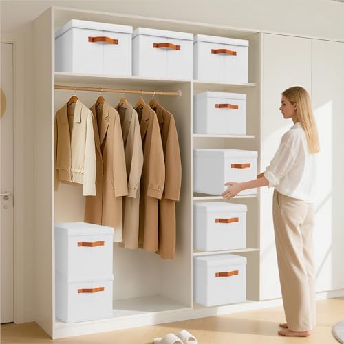 Homsorout Storage Bins with Lids - Fabric Storage Baskets for Shelves, 8 Pack Foldable Decorative Boxes with Handles, Stackable Organizer Bins for Home, Nursery, Dorm, White - Image 4