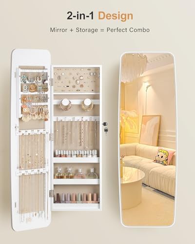 Nicetree Rounded Mirror Jewelry Cabinet, Lockable, Wall Mounted, Moon White - Image 4