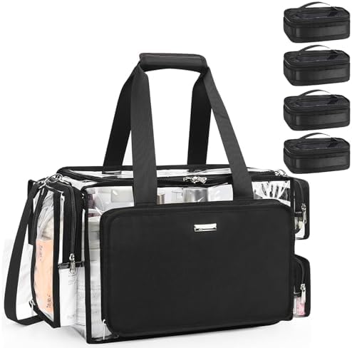 Relavel Clear Makeup Bag with 4 Small Pouches, Extra Large Makeup Artist Kit Set, Cosmetic Storage Organizer Transparent Tote Beach Toiletry Bag with Adjustable Dividers & Shoulder Strap by Relavel