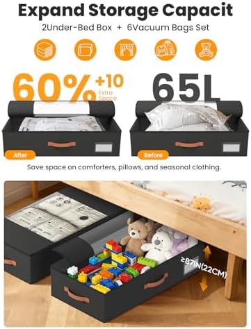 TOSKING 2-Pack Under Bed Storage Drawers with Wheels, 6 Vacuum Bags, 7.9" Height, Large 65L/80 lbs Clear Lid Rolling Bin, 900D Oxford, Space Saver for Dorm Bedroom, Blankets, Clothes, Shoes, Black - Image 6