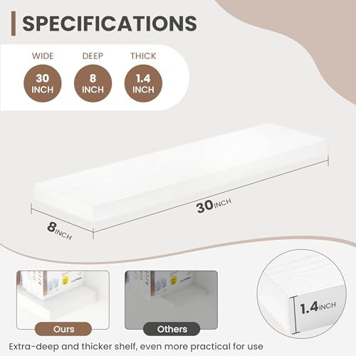 Acovy 30 Inch Floating Shelves, 8 Inch Deep Floating Shelves for Wall, Hanging Shelf with Invisible Brackets, Deep Shelves for Bathroom, Bedroom, Living Room, White, Set of 2 - Image 3