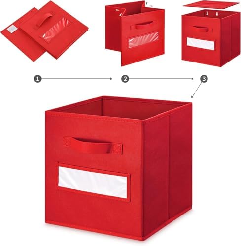 13x13x13 storage cube bins(Set of 10) Fabric storage cubes with 10 Labels Window Cards & a Pen, storage cubes 13x13, Collapsible 13 inch cube storage bins, Cubby Organizer Boxes, Red - Image 4