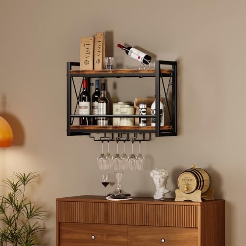 Homeiju Wall Mounted Wine Rack, Bottle & Glass Holder Wood-Metal Retro - Image 5