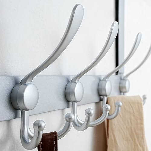 Dseap Over The Door Hook Hanger - Fits 1 3/8" to 1 3/4" Standard Doors | 5 Tri Hooks Heavy Duty Towel/Coat Rack | Door Organizer for Clothes, Jackets, Hats, Towels, Silver, Pack of 2 - Image 2