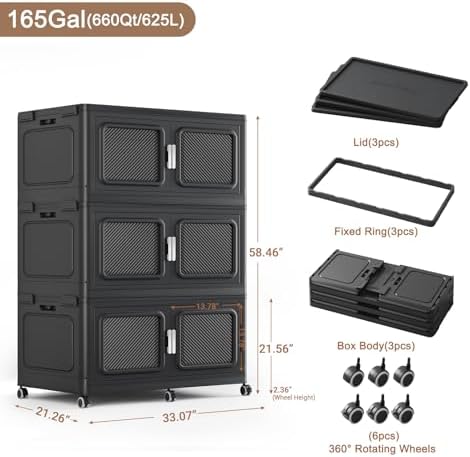 BROVIEW 660 Qt/165 Gal Stackable Storage Bins with Lids, 3 Pack, Black - Image 2