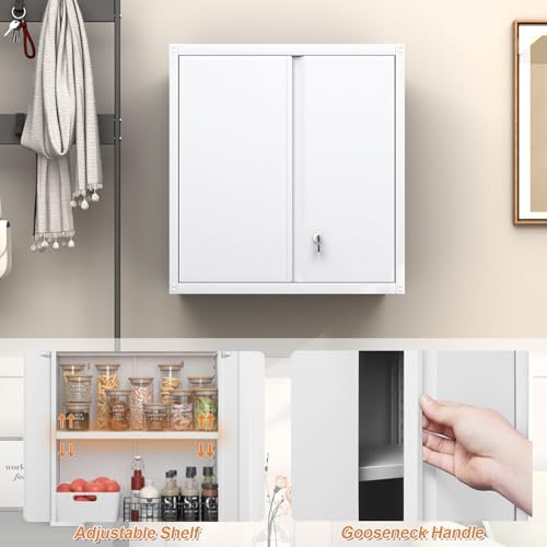 GREATMEET Metal Wall Cabinet, Wall Mounted Storage Cabinet with Lock for Garage Storage, White Floating Cabinet with Doors and Adjustable Shelf for Utility Room - Image 7