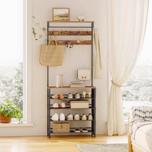 HOOBRO Hall Tree with Bench, Entryway Coat Rack with Shoe Rack, Shoe and Coat Rack, 5 Tier Shoe Storage Organizer with Oxford Fabric Side Pockets, Adjustable Mesh Shelves, Rustic Brown BF75MT01 - Image 3