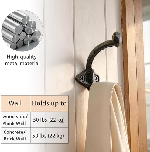 SKOLOO Gold Cast Iron Wall Hooks - Farmhouse Style, Pack of 10, Dual-Direction Hanging Design - Ideal for Coat, Backpack, Towel - Perfect for Entryway, Mud Room, Bathroom Dry Area - Image 2