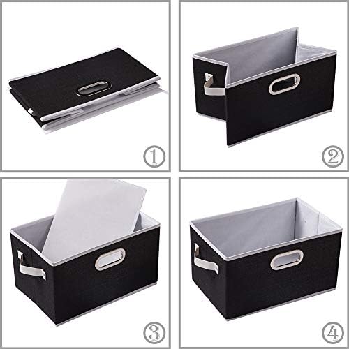 PRANDOM Larger Collapsible Storage Bins for Closet [5-pack] Decorative Linen Fabric Storage Baskets Cubes with Leather/Metal Handles for Living Room Black (17.3x12.2x10.4 Inch) - Image 6