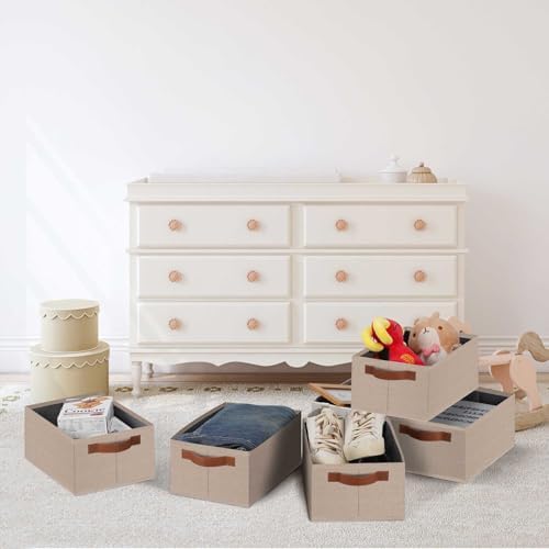 GhvyenntteS Small Fabric Storage Bins 12 Pack, 11.8" x 7.87" x 5.11" Storage Basket with Leather Handles, Closet Storage Bins for Shelves, Storage Baskets for Shelves, DVD Storage (Beige Yellow) - Image 4