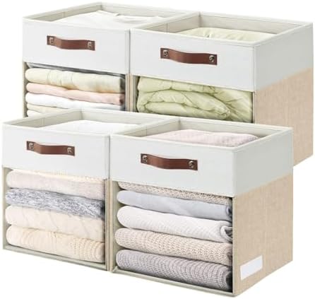 Bagnizer Storage Cubes, 4 Pack Linen Foldable Storage Bins with Clear Window and 2 Handles, 13x15x13 Storage Cube Bins for Shelf Closet, Kallax, Clothes, Books - (Beige / Off-White) by Bagnizer