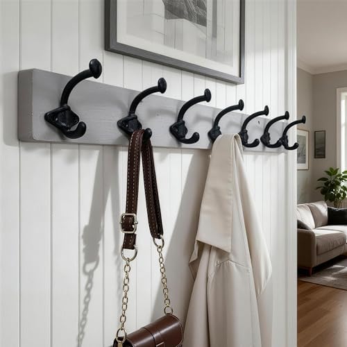 WEBI Rustic Coat Rack Wall Mount,30" Long 7 Cast Iron Coat Hooks Wall Mounted,Heavy Duty Farmhouse Wood Coat Hanger Wall Antique Vintage Hooks for Hanging Jacket,Clothes,Backpack,Gray - Image 2
