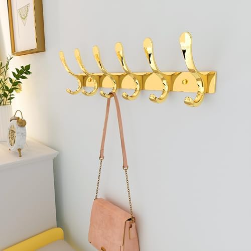 SKOLOO Coat Rack Wall Mounted - 6 Hooks, Pack of 2, Heavy Duty, Stainless Steel, Metal Wall Hangers, Sturdy Coat Hooks for Hanging Coats, Jacket, Clothes, Hat, Bright Gold - Image 3