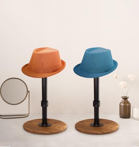 exquis Adjustable Helmet & Hat Display Stand – Rustic Wood Base with Matte Black Metal Rod, Height Adjustable 12"–17.5", Set of 2 - Image 3