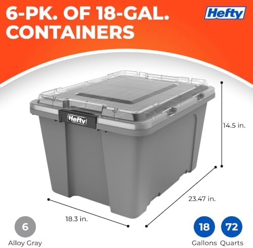 Hefty 18 Gallon Storage Bin with Clear Lid, Heavy Duty Plastic Storage Container Stackable Tote for Garage Closet Home Organization, Large Storage Bin, 6 Pack, Grey - Image 2