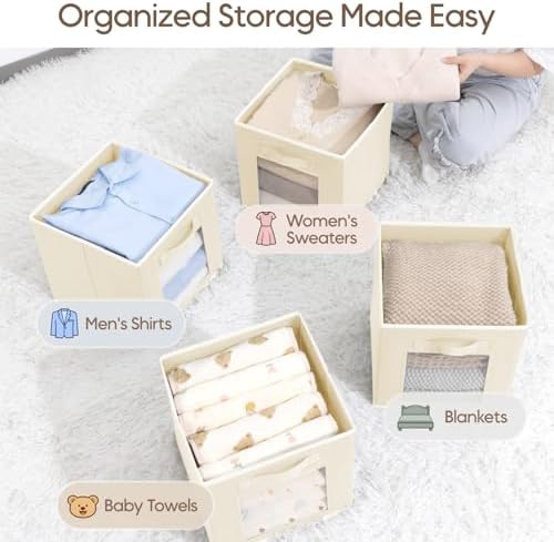 Homsorout Storage Cube 11 Inch - Cube Storage Bins with Window, Closet Storage Baskets with Handle, Fabric Bins for Closet, Shelves, Toys, Clothes, Set of 14, Beige - Image 5