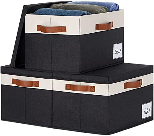 GhvyenntteS Extra Large Storage Bins with Lids, Foldable Fabric Storage Boxes with Lids and Handles, Storage Baskets with Lid and Label for Home Office (3 Pack, Black, 15.75" x 11.8" x 10.2") by GhvyenntteS