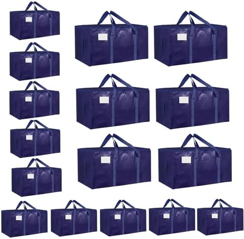 16 Pack-Extra Large Heavy Duty Moving Bags - Waterproof Storage Totes with Handles & Zippers, Foldable for College Dorm, Storage (Dark Blue) by Unknown