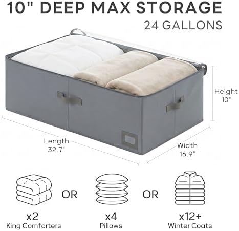 10" High Capacity Under Bed Storage Bins (2-Pack, Charcoal Grey), Deep 600D Heavy Duty Oxford Fabric Organizer Containers with Matching Vegan Leather Handles for Comforters, Pillows & Blankets - Image 2