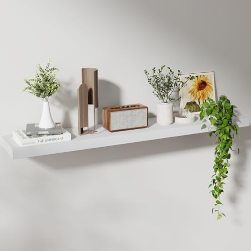 Axeman Floating Shelves, 8 Inch Deep Rustic Solid Wood Wall Shelves for Storage, Wall Mounted Display Shelving with Invisible Heavy-Duty Metal Bracket, 48" W x 8" D x 1.6" H, Distressed White by Axeman