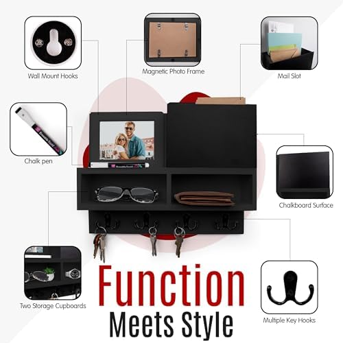Spacelog Key and Mail Holder for Wall with Chalkboard – Magnetic Photo Frame Key Holder Wall Mount, Black, Dual Storage & Cupboards Mail and Key Organizer for Wall - Image 2