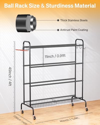 EXTCCT Basketball Rack with Wheels, 4 Tier Garage Ball Storage Organizer - Image 4