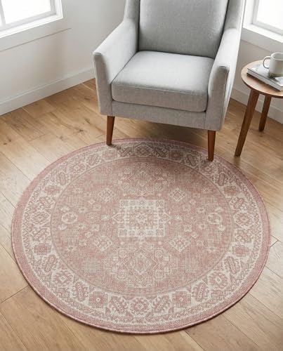 Rugs.com - Outdoor Aztec Rug – 4 Ft Round Pink Washable Indoor/Outdoor Rug – Flatweave Geometric Pattern for Patios, Decks, and Porches - Image 4