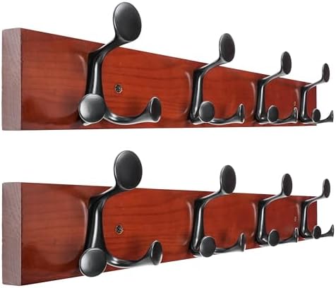 WEBI Coat Rack Wall Mount,24" Solid Wood Coat Hooks Wall Mounted Coat Hanger,16" Hole to Hole,Heavy Duty Hook Rack Rail,4 Triple Hooks for Hanging Coats,Jacket,Clothes,Hat,Backpack,Cherry,2 Packs by WEBI