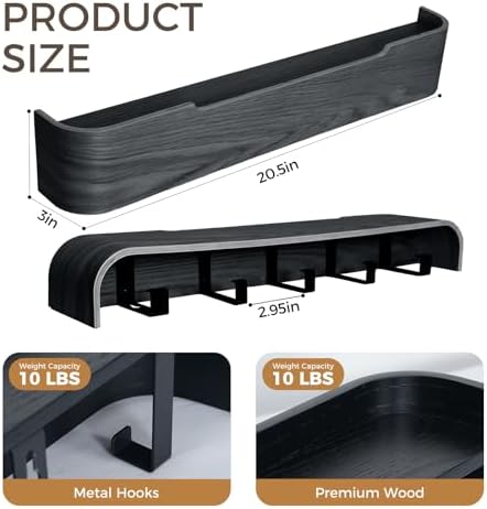 Coat Rack Wall Mount with Shelf Entryway Shelf Modern Key Holder Hanger Wall Shelves with Hidden Hooks for Hanging Towels Coats Hats Bags for Hallway Bathroom Bedroom (Black, 5 Hooks) - Image 2