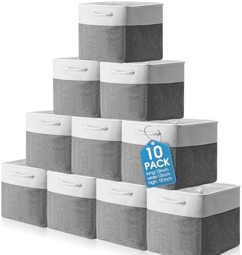 FoldTier 10 Pack Large Collapsible Fabric Storage Baskets with Handles Decorative Storage Bins for Organizing Shelves Toys Clothes(White & Gray,12 x 12 x 12 Inches) by FoldTier