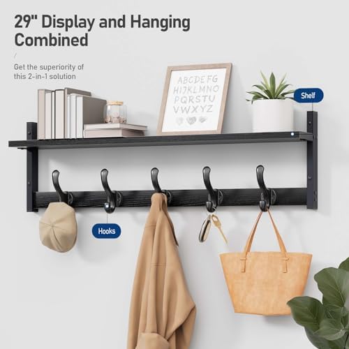Tatub 29" Rustic Coat Rack Wall Mount with Shelf, Entryway Wall Hooks with Shelf, Coat Hangers for Bathroom, Living Room, Bedroom, Black - Image 2