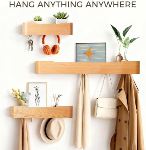 Coat Rack Wall Mount with Shelf Entryway Shelf Modern Key Holder Hanger Wall Shelves with Hidden Hooks for Hanging Towels Coats Hats Bags for Hallway Bathroom Bedroom (Oak, 5 Hooks) - Image 3