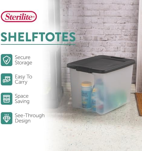Sterilite 12-Pack 50 Quart ShelfTotes, Clear Plastic Storage Organizer Bins, Flat Gray Lid - Large Stackable Containers for Garage Shelves, Basement Room, Attic, and Home Organization - Image 2