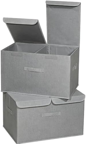 2 Pack Large Storage Boxes with Lids and Handles, Collapsible Linen Storage Bins Organizer Containers Baskets Cube with Removable Divider for Home Bedroom Closet Office (Grey, XL) by Unknown