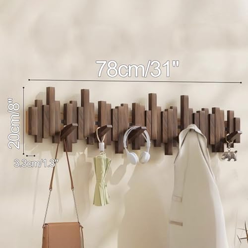 Wooden Coat Hooks Wood Wall Mounted Piano Coat Rack Flip Down Hook Rack Coat Rack Wall MountMulti Functional Space Saving Wall Organizer(Walnut,78cm/31) - Image 2