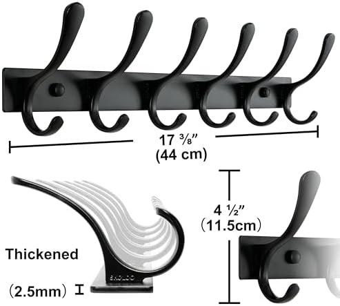 SKOLOO Heavy Duty Wall Mounted Coat Rack - 6 Hooks, Stainless Steel, Pack of 2, Sturdy Coat Hooks for Hanging Clothes, Jacket, Hat, Black - Image 6