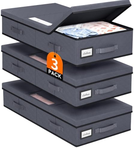 StoreHappily Under Bed Storage Containers with Lids, 3 Pack Foldable Grey by StoreHappily