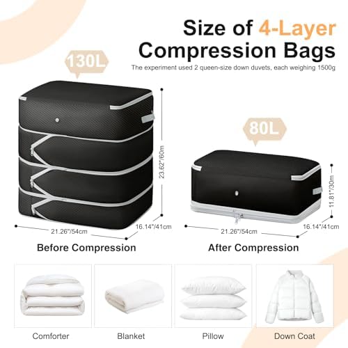 Comforter Storage Bag - 130L Large Capacity Blanket Storage Bags 4-Layer Ultra Space Saving Self Compression Organizer, Washable Compression Bags for Storage Comforter Blanket, 4-Pack, Black - Image 2