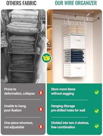 Hanging Closet Organizer with Drawers, 4 Tier Metal Closet Organizers and Storage with 4 Hanging Hooks 4 S-Hooks for Wardrobe Laundry Room, Wire Storage Shelf for Clothes Sweaters Pants (White) - Image 4