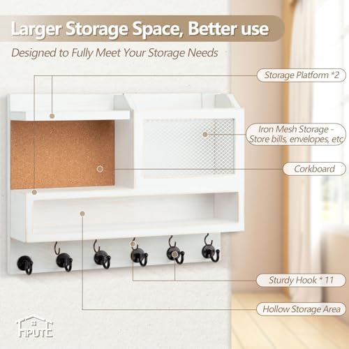 Key Holder for Wall with Mail Organizer,Farmhouse Mail and Key Holder for Wall,Key Hanger with ‌Metal 11 Hooks,Corkboard,and Shelf,Decorative Natural Pine Wood Entryway Organizer,14.6*11.1*3.3”,White - Image 5