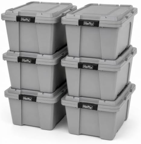 Hefty 18 Gallon Storage Bin with Lid, Heavy Duty Plastic Storage Container Stackable Tote for Garage Closet Home Organization, Large Storage Bin, 6 Pack, Grey by Hefty