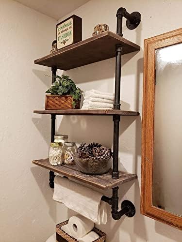 DR.IRON Industrial Pipe Shelving Rustic Bathroom Shelves with Towel Bar, 24" Pipe Shelf Wall Mounted, Farmhouse Bathroom Shelf Storage (3 tier-24) by DR.IRON